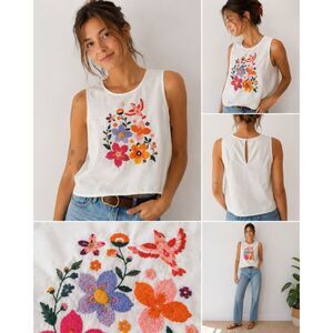 ANTIX Embroidered Floral Bird Top White Multicolor Boho Cottagecore Brazil P